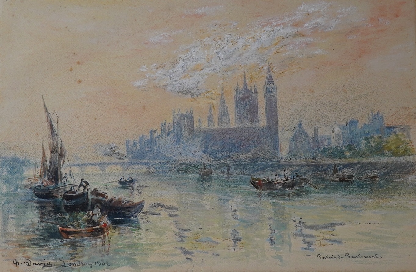 C.H.Davis (French, c.1900), watercolour, Thames riverscape, Houses of Parliament, signed and dated 1902, 32 x 47cm. Condition - poor